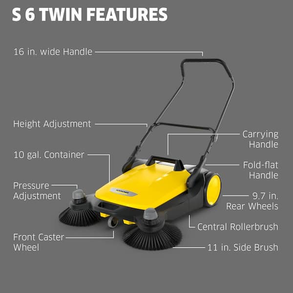 S 6 Twin Outdoor Hand Push Walk-Behind Floor Sweeper - 10 Gal. Capacity