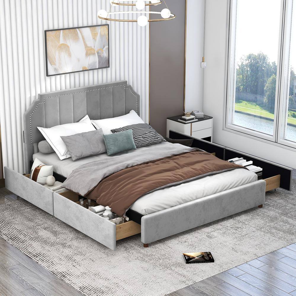 Qualler Gray Wood Frame Queen Size Upholstery Platform Bed with Four ...