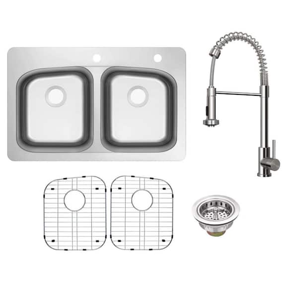 33 in. Drop-In/Undermount 50/50 Double Bowl Stainless Steel 18 Gauge Kitchen Sink with Pull Down Sprayer Faucet