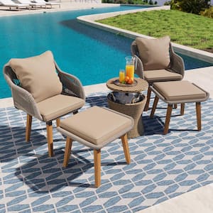 Brown 5-Piece Rope Patio Conversation Set with Wicker Bar Table and Brown Cushions
