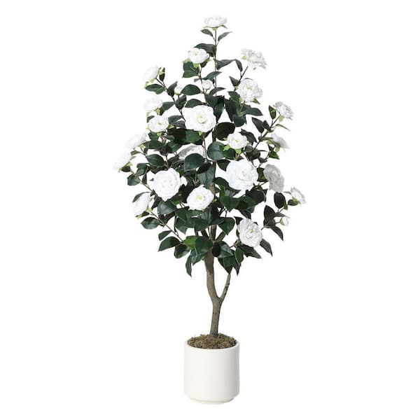4 ft. Lifelike Artificial Camellia Tree with Realistic Silk Flowers, Perfect Faux Plant Decor, White