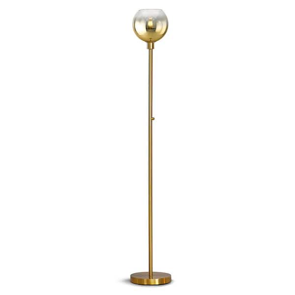 HomeGlam Metro 71 in. Brushed Brass LED Dimmable Torchiere Floor Lamp with LED Bulb, Chrome Gold Glass Shade