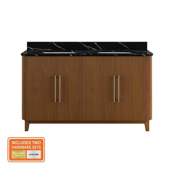 Goldney 60 in. Double Sinks Spiced Walnut Bath Vanity With Quartz Marquina Marble Top (Assembled)