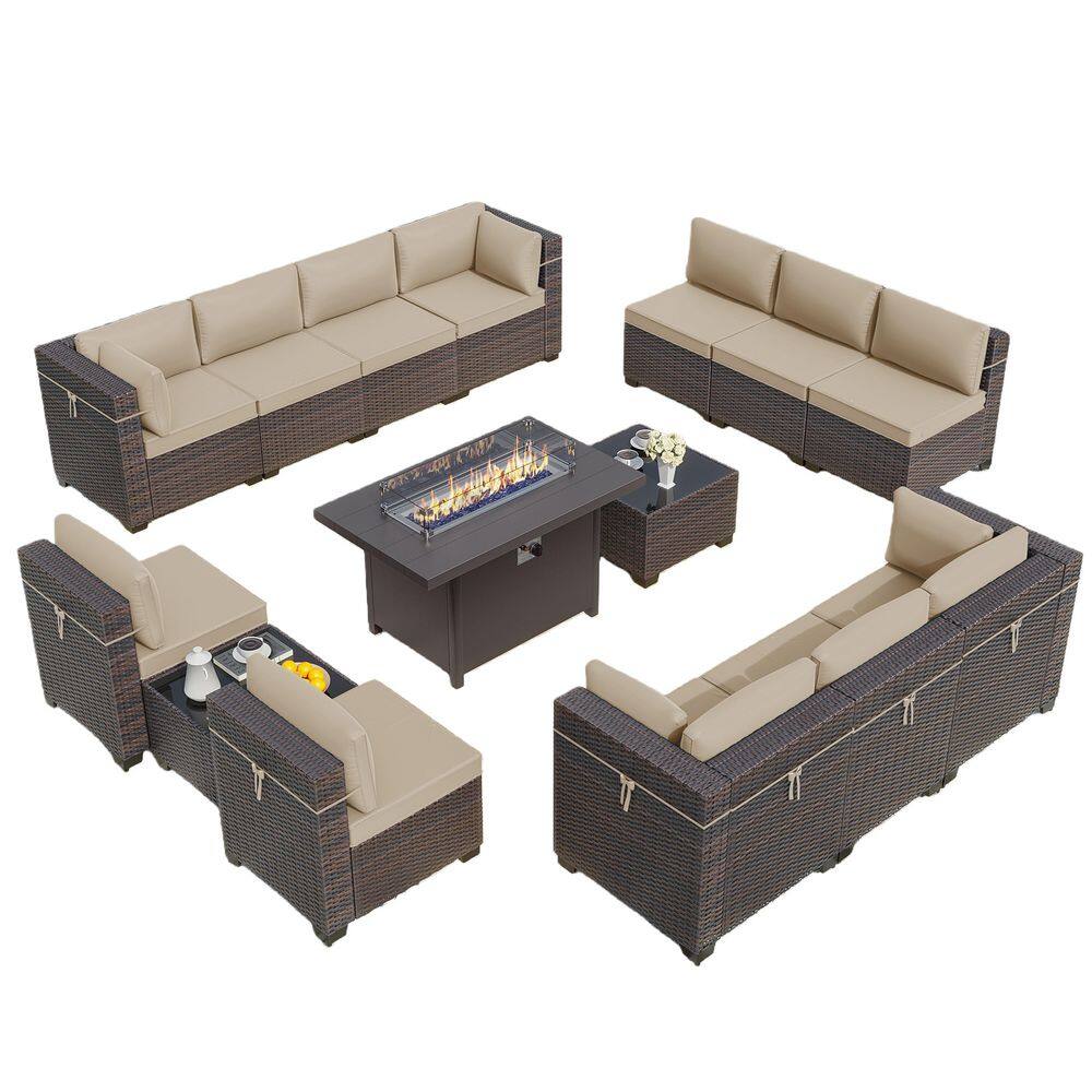 15-Piece Wicker Patio Conversation Set with 55000 BTU Aluminum Gas Fire Pit Table, Glass Coffee Table and Sand Cushions price history on PriceWatchPro