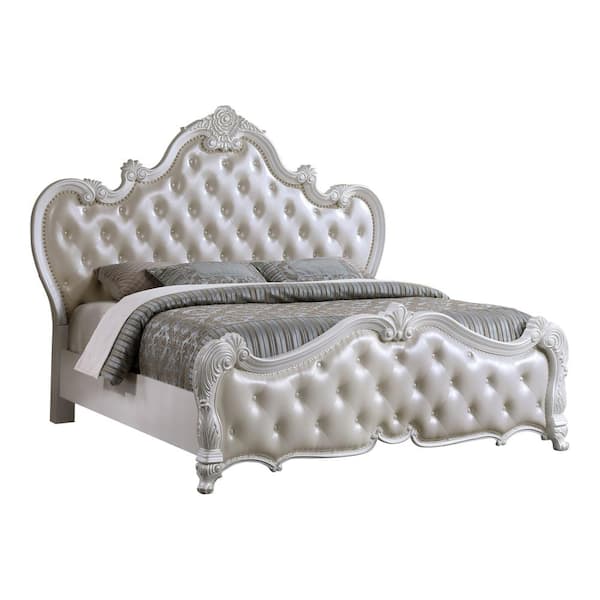 Feliciano White Wood Frame Queen Panel Bed with Button Tufted Headboard and Carved Details