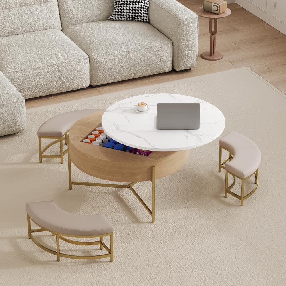 31.5 in. W Natural Round MDF Lift-Top Set of Coffee Tables with Storage, 3 Ottomans