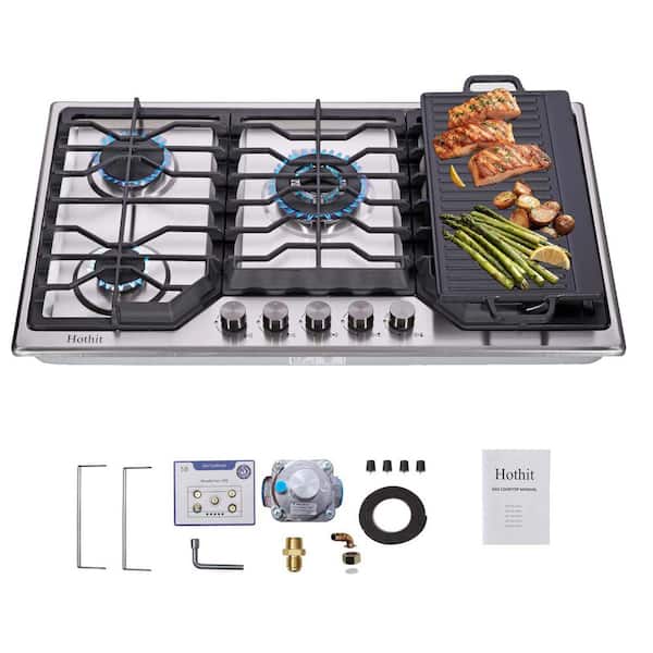 Unbranded 34 in. 5-Burners Recessed Gas Cooktop in Stainless Steel with  Cast Iron Griddle, Natural Gas/Propane Gas Convertible