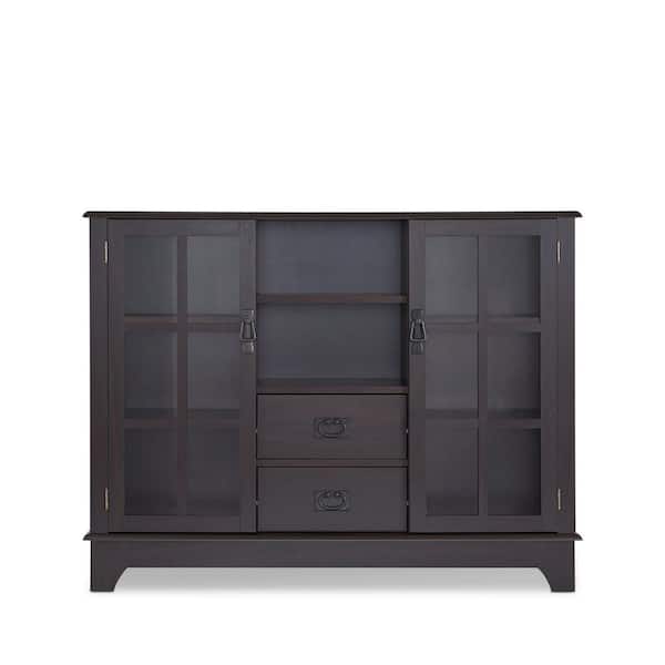 Tileon 6-Shelf Espresso Glass Door Storage Cabinet with Open Space and 2-Drawer