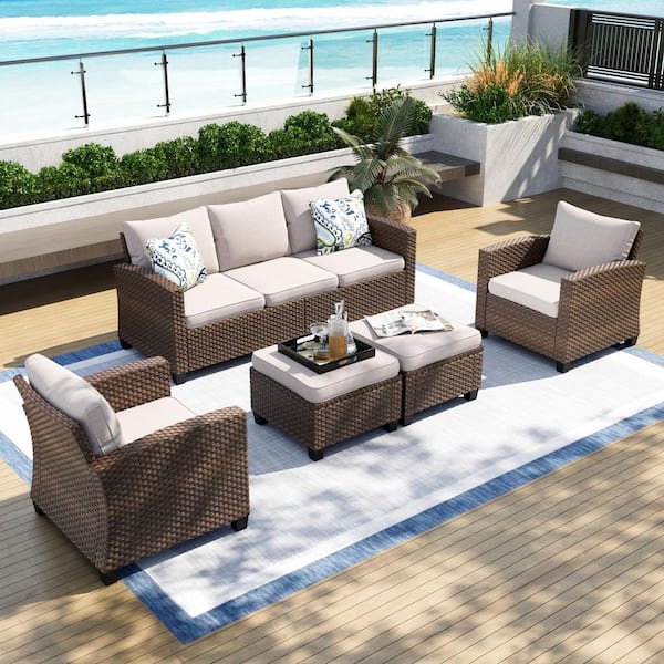 Brown Rattan Wicker 7 Seat 5-Piece Steel Outdoor Patio Conversation Set with Beige Cushions and 2 Ottomans