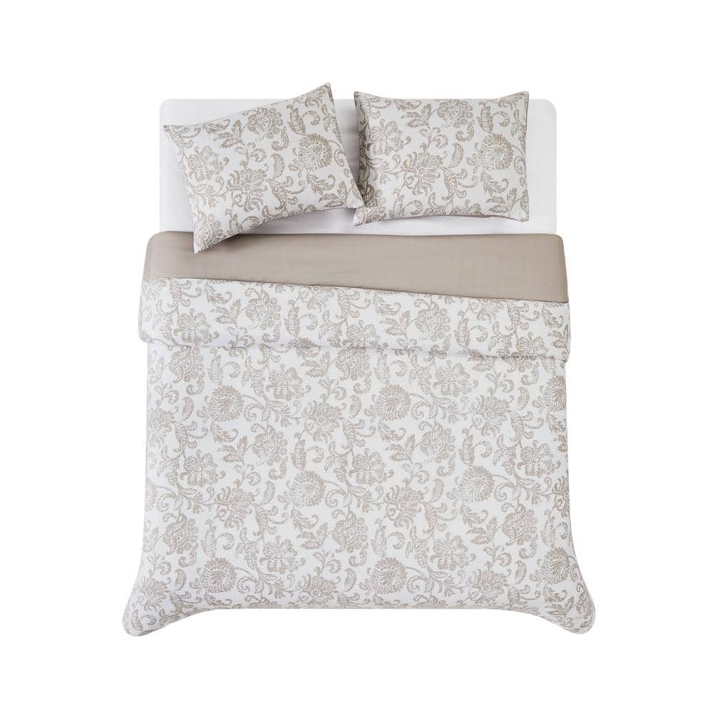 Twin White and Taupe Microfiber Reversible Comforter Set