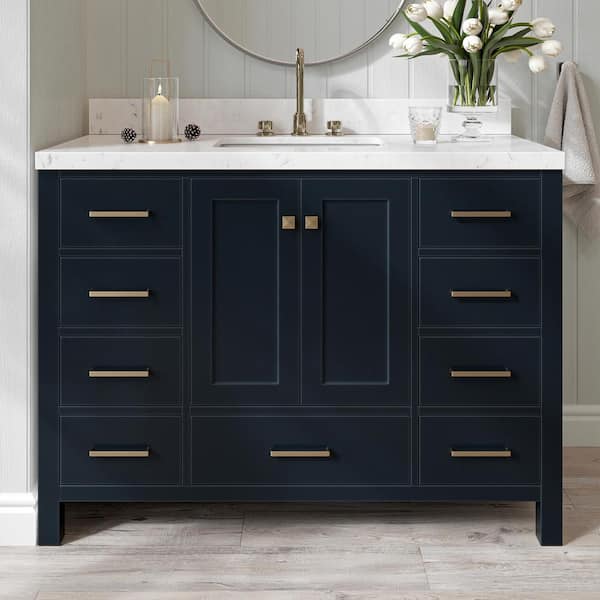 ARIEL Cambridge 48 in.W x 22 in.D x 36 in.H Single Rectangle Sink Bath Vanity in Midnight Blue with Carrara White Quartz Top