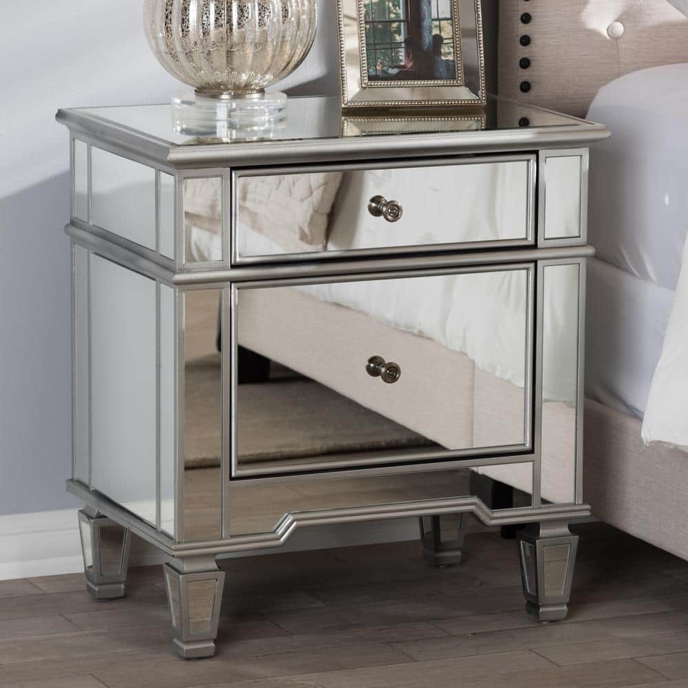Sussie Hollywood Glam Mirrored 2-Drawer Nightstand with Bronze Hardware