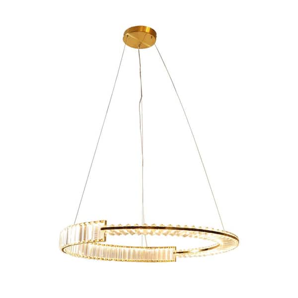 Logmey 31 in. 1-Light Gold Integrated LED Hanging Ceiling Crystal Chandelier for Diningroom