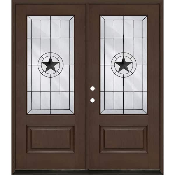 Regency 72 in. x 80 in. 3/4L Alamo Glass RHIS Hickory Stain Fiberglass Double Prehung Front Door with 6-9/16 Jamb