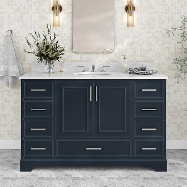 ARIEL Stafford 54 in. Single Sink Freestanding Bathroom Vanity in Midnight Blue with 0.75 in. Carrara White Marble Top