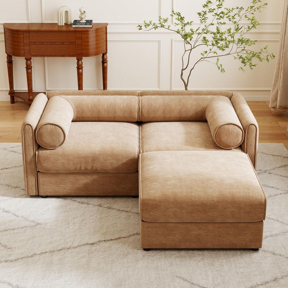 Cylindrica Design Modern Modular Chenille 2-Seater Modular Sectional Sofa in Camel with Ottoman