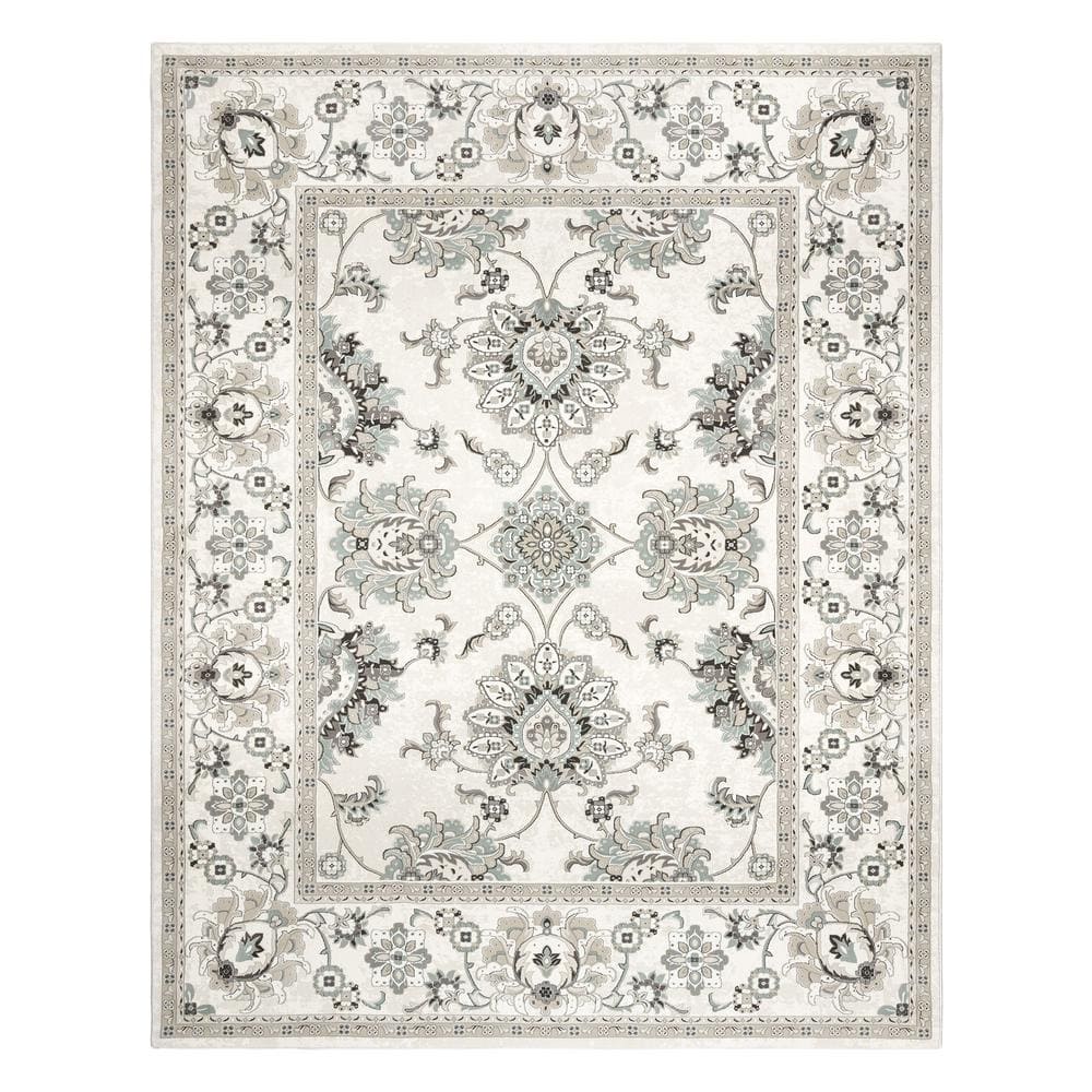 Ivory and Gray Traditional Oriental Floral Border Area Rug