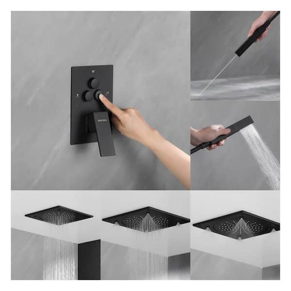 Single Handle 5-Spray Shower Faucet 1.8 GPM 16 in. Square Ceiling Mounted with Pressure Balance in. Matte Black