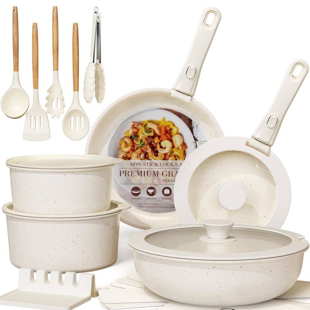 Stackable Oven-Safe Induction-Ready Detachable-Handle Ceramic 21-Piece Aluminum Nonstick Cookware Set in Cream White price history on PriceWatchPro