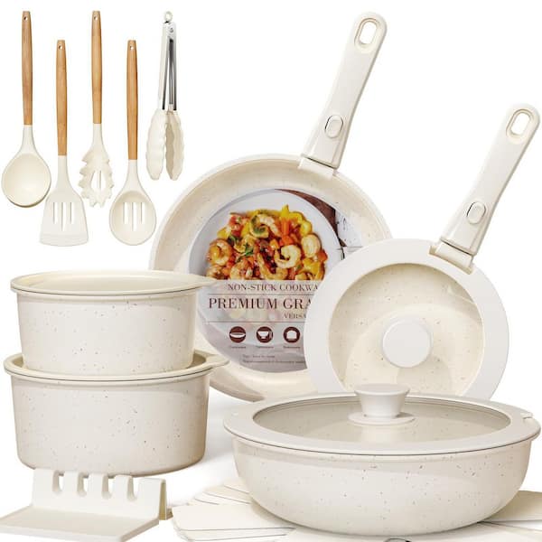 Stackable Oven-Safe Induction-Ready Detachable-Handle Ceramic 21-Piece Aluminum Nonstick Cookware Set in Cream White