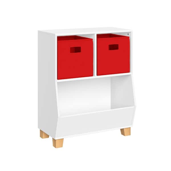RiverRidge Home 29.1 in. H x 23.6-in. W x 13.31 in. D White MDF Catch-All Toy Organizer with 2-Cubbies, 2-Compartments and 2-Red Bins