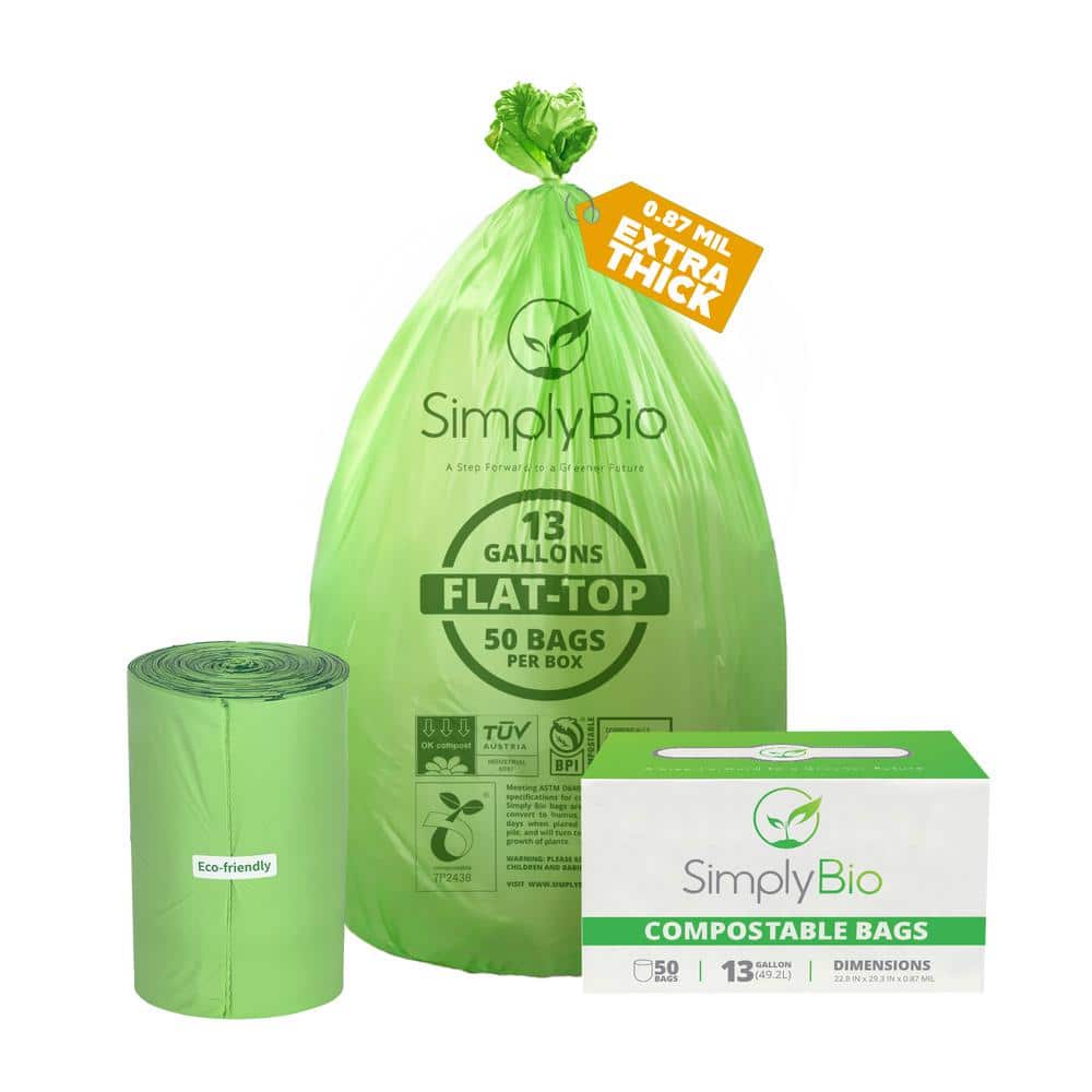 Simply Bio 13 Gal. Compostable Trash Bags with Flat Top Eco Friendly Heavy Duty 50 Count SB 13GAL F 50PK The Home Depot