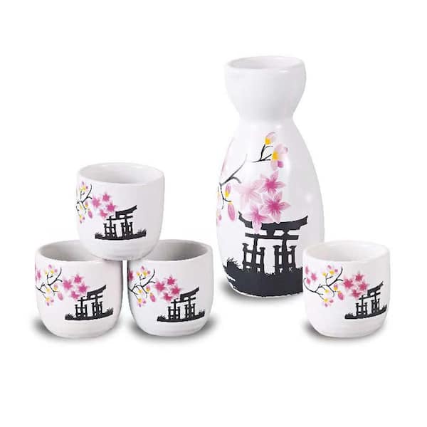 6 oz. Cherry Blossom Sake Set 1 Tokkuri Bottle and 4 Ochoko Cups
