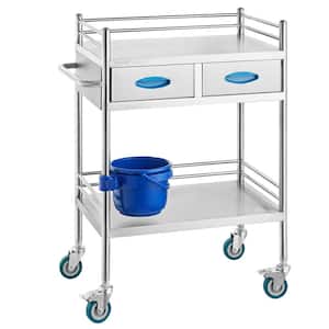 Utility Cart，Lab Serving Cart, Kitchen Cart, Medical Cart with 2-drawers, Dental Cart with Lockable Wheels, Sliver