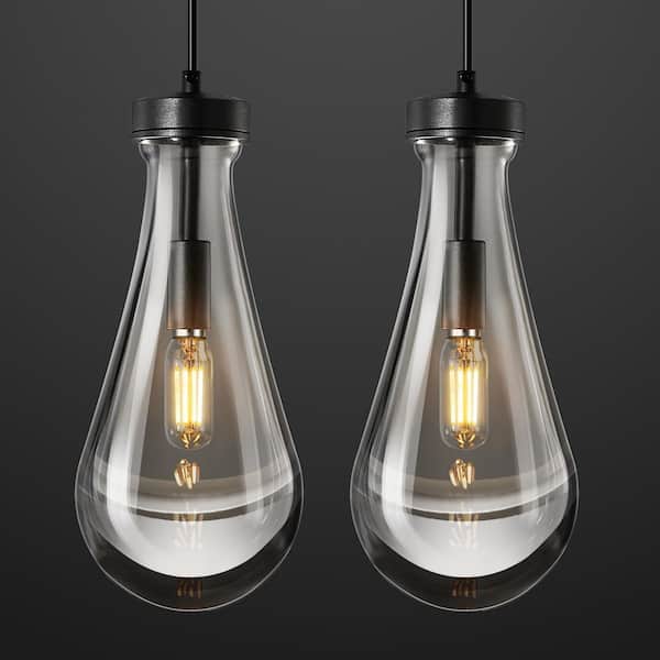 Raindrop Pendant Lights Kitchen Island Set of 2 Teardrop Black Hanging Light Fixtures Clear Solid Glass Pendant Light