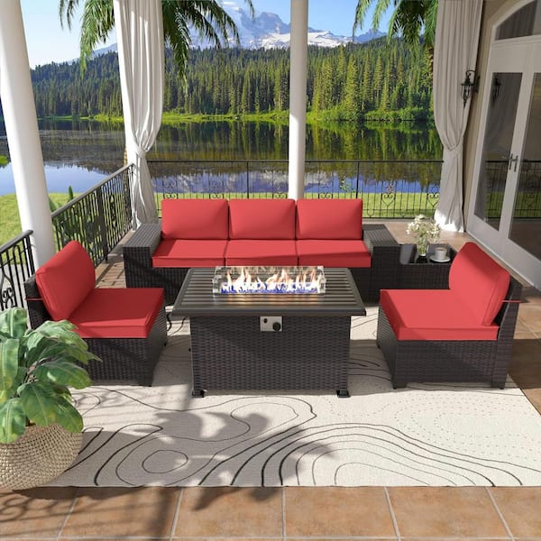Halmuz 7-Piece Wicker Patio Conversation Set with 55000 BTU Gas Fire Pit Table and Glass Coffee Table and Red Cushions