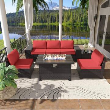 Halmuz 7-Piece Wicker Patio Conversation Set with 55000 BTU Gas Fire Pit Table and Glass Coffee Table and Red Cushions (6+1)-Red