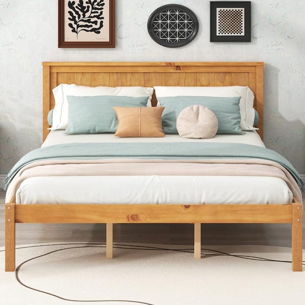 Light Brown Wood Frame Queen Size Platform Bed Frame with Headboard, Wood Slat Support, No Box Spring Needed