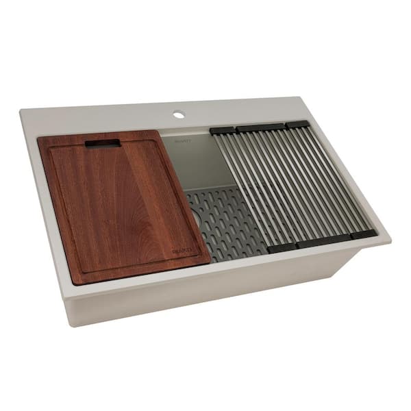 Ruvati epiRock 25 In. Drop-in Topmount SIngle Bowl Workstation Kitchen  Sink in Warm White with Accessories