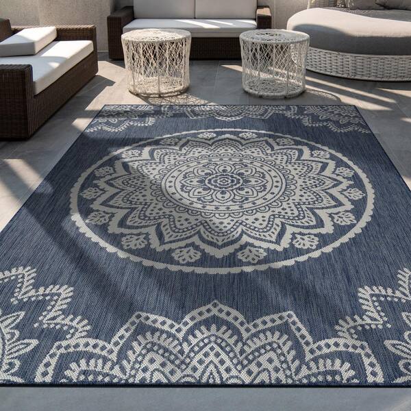 CAMILSON Indoor/Outdoor Rug Navy Blue 5'3”x7' Leaf Tropical Botanical Area  Rugs for Indoor and Outdoor patios, Easy-Cleaning Non-Shedding Living Room