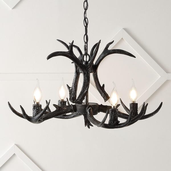 JONATHAN Y Eldora 26 in. Adjustable Resin Antler 4-Light LED Chandelier, Black