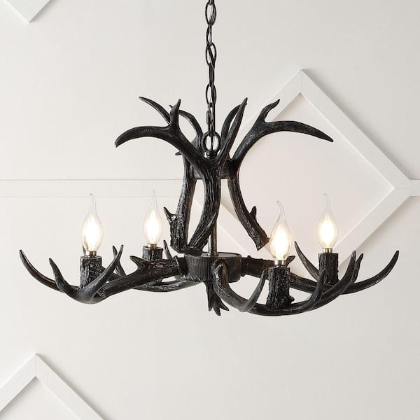 Eldora 26 in. Adjustable Resin Antler 4-Light LED Chandelier, Black