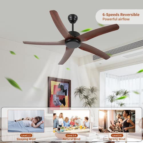 52 in. Indoor/Outdoor Low Profile Matte Black Ceiling Fan with 5 ABS Blades, 6-Speed DC Remote Control Ceiling Fans Without Lights