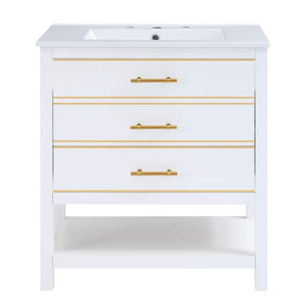 Virubi 29.9 in. W x 18.3 in. D x 33.7 in. H Single Sink Bath Vanity in White with White Ceramic Top, Open Storge and Drawers