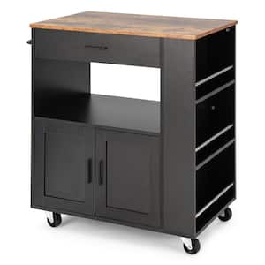 Kitchen Island Cart Rolling Storage Cabinet w/Drawer & Spice Rack Shelf Black