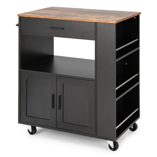 Costway Kitchen Island Cart Rolling Storage Cabinet w/Drawer & Spice Rack Shelf Black