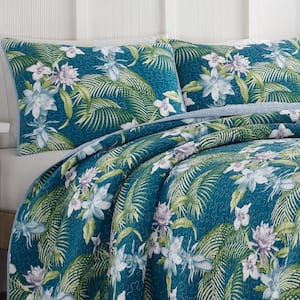 Southern Breeze 3-Piece Indigo Blue Floral Cotton King Quilt Set