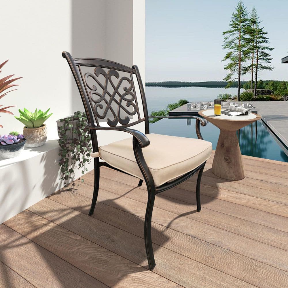 Aluminum Patio Dining Chairs with Thick Beige Seat Cushions, All-Weather Ou