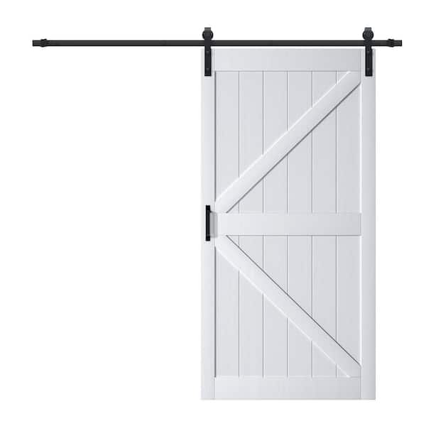ARK DESIGN 48 in. x 84 in. Paneled Off White Primed MDF British K Shape MDF Sliding Barn Door with Hardware Kit and Soft Close
