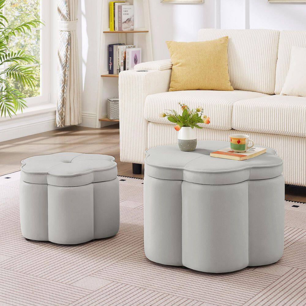 GOGEXX Set of 2 Gray Velvet Flower Shape Storage Ottoman Foot Rest