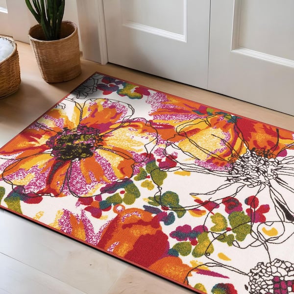 Contemporary Bright Flowers Non-Slip (Non-Skid) Multi 2 ft. 7 in. x 4 ft. Indoor Area Rug