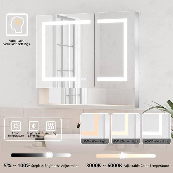 ExBrite Vilara 36-in x 32-in Lighted LED Fog Free Surface/Recessed Mount Silver Mirrored Soft Close Medicine Cabinet with Outlet