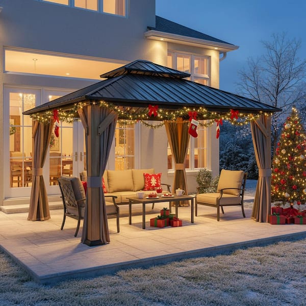 Cedarshield 12 ft. x 12 ft. Brown Wood Frame Hardtop Gazebo with Galvanized Steel Double Roof, Curtains and Netting