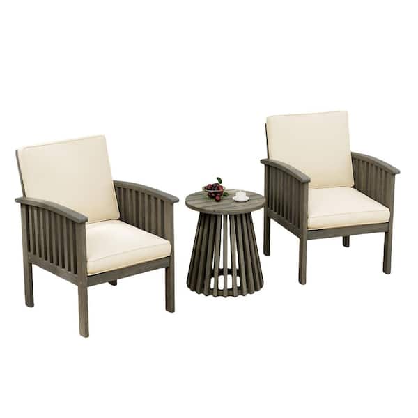Outdoor Acacia Wood Conversation Sets with Foldable End Table for Garden, Patio and Deck (Grey Finish+Cream)