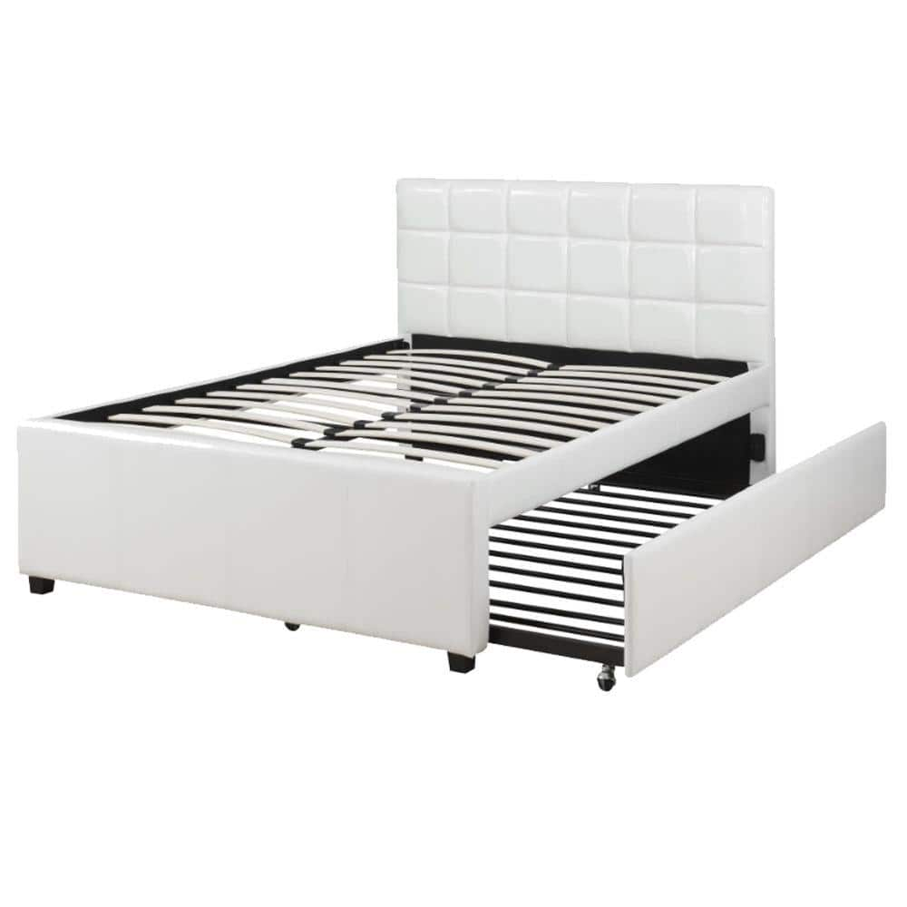 Benjara Gracious White with Trundle and SQU Tufted HB Wooden Full Bed ...