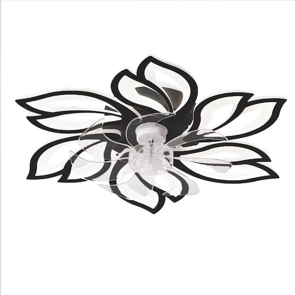 13.78 in. Clear Blade Flush Mount Ceiling Fan with 3 CCT White Integrated LED Nordic Flower Black Double-Layer 6-Petal